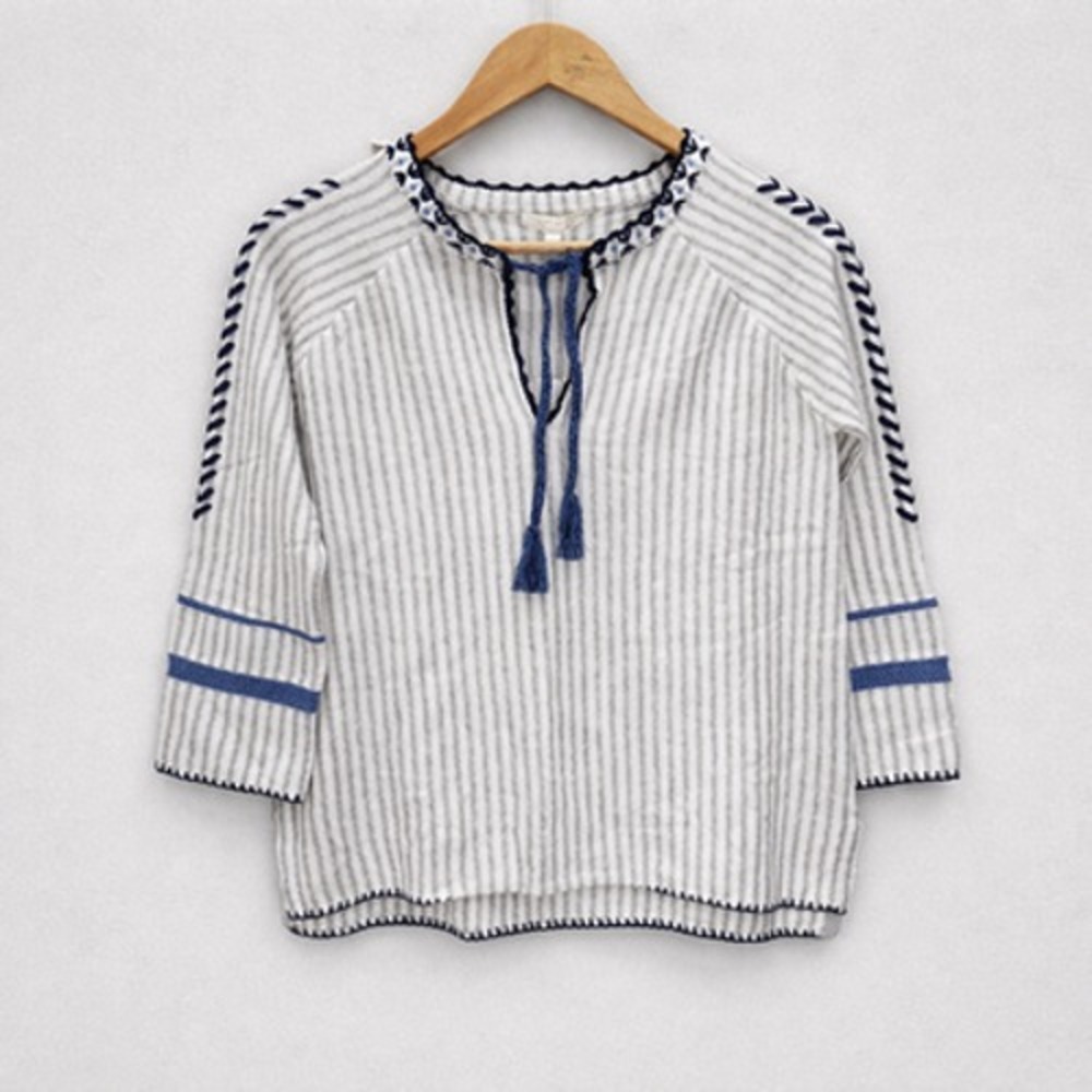 Lisa Todd Womens Sweater XS White Striped Embroidered Tassel Boxy Coastal Boho